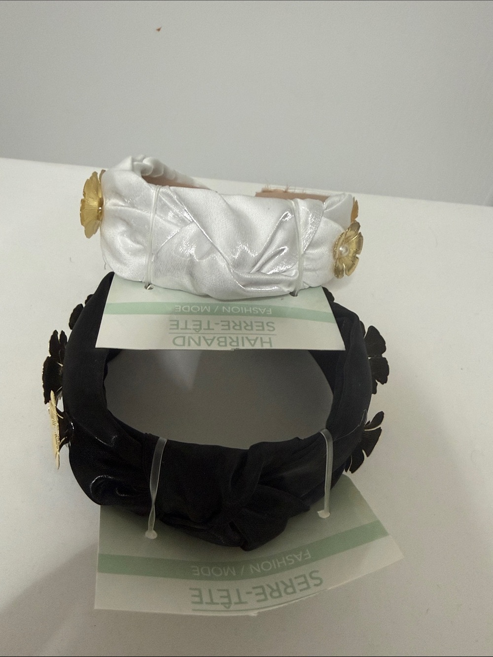 Satin Knotted Flower Accent Headband - White and Black 2 Bundles